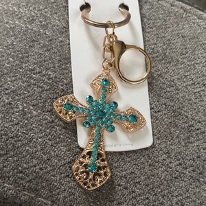 Mint Gold and Turquoise Cross Keychain
